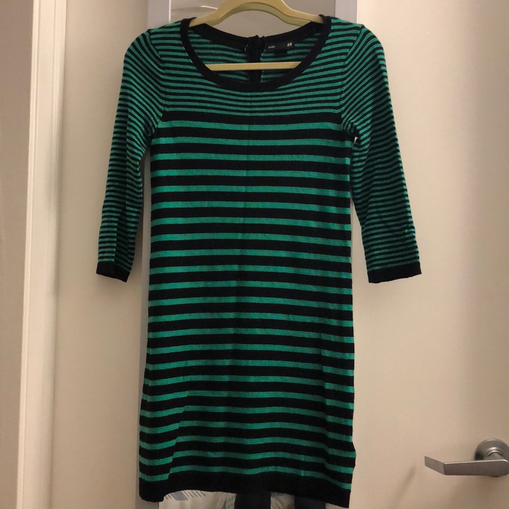 H&M green and black striped sweater dress, size XS